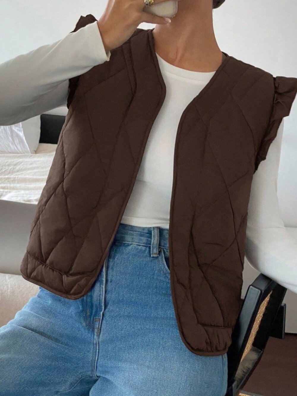Brown Quilted Diamond-Stitch Puffer Vest